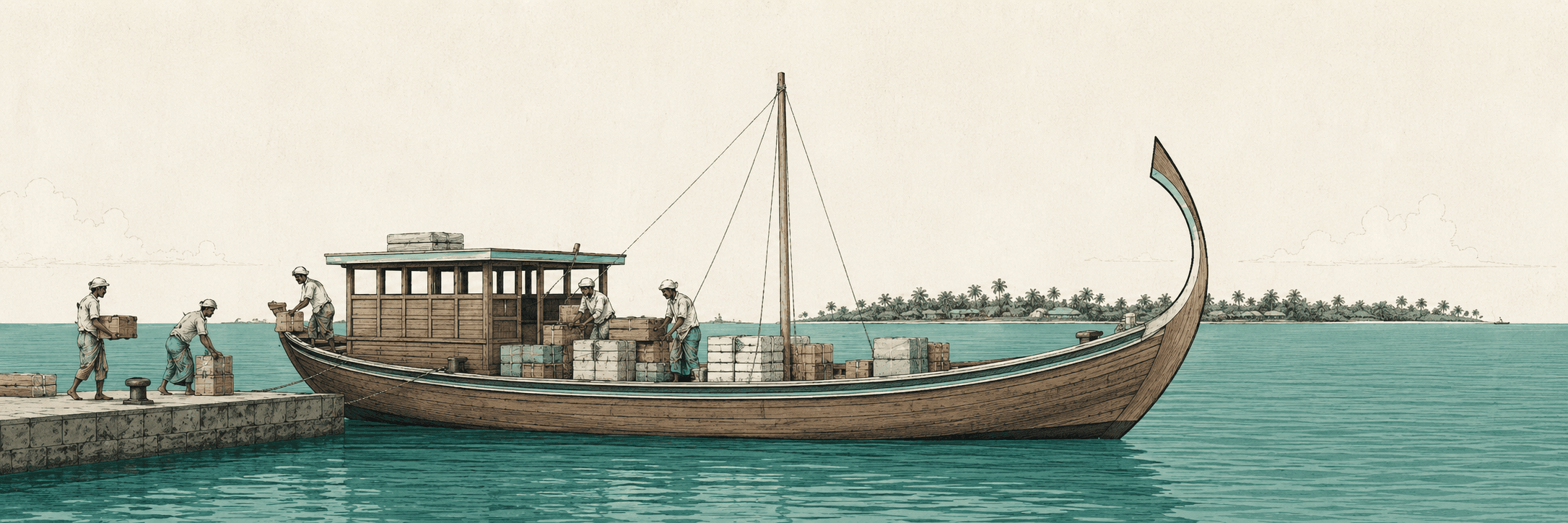 A Maldivian cargo dhoni being loaded with parcels and crates at a harbour, with a palm-lined island on the horizon